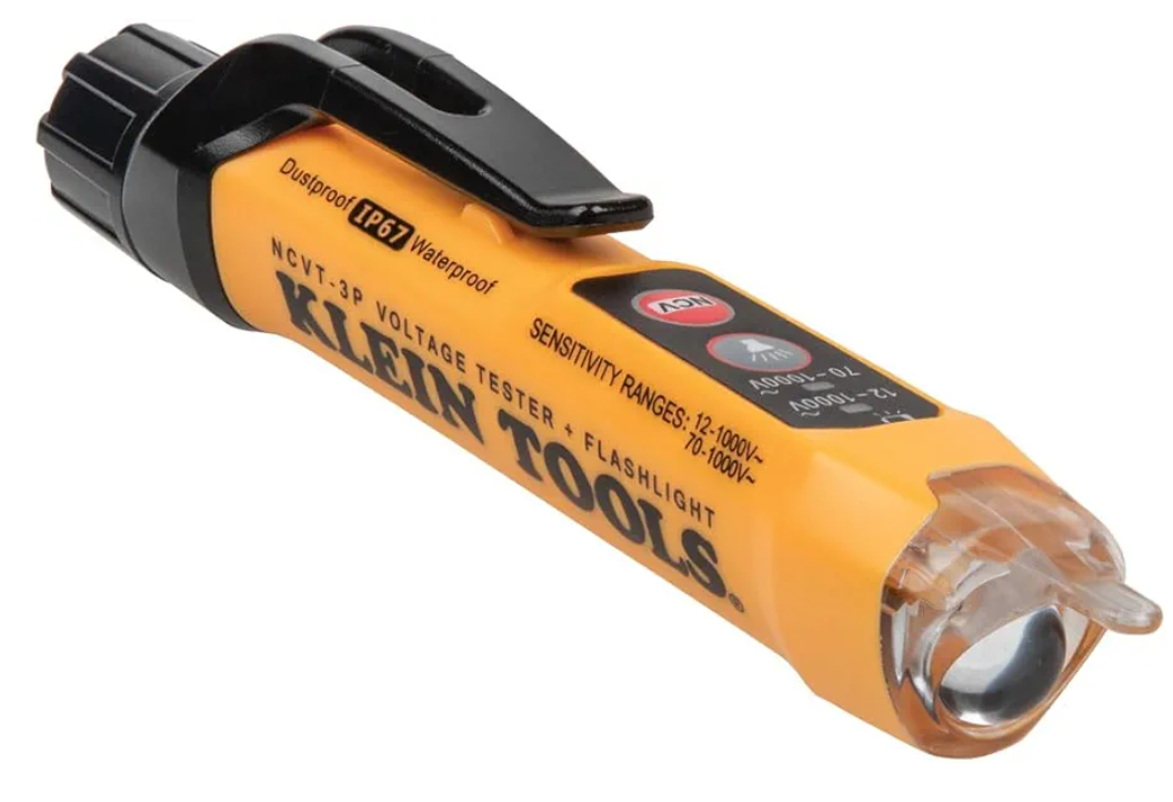 Klein Tools NCVT3P Dual Range Non Contact Voltage Tester, 12 - 1000V AC Pen, Flashlight, Audible and Flashing LED Alarms, Pocket Clip