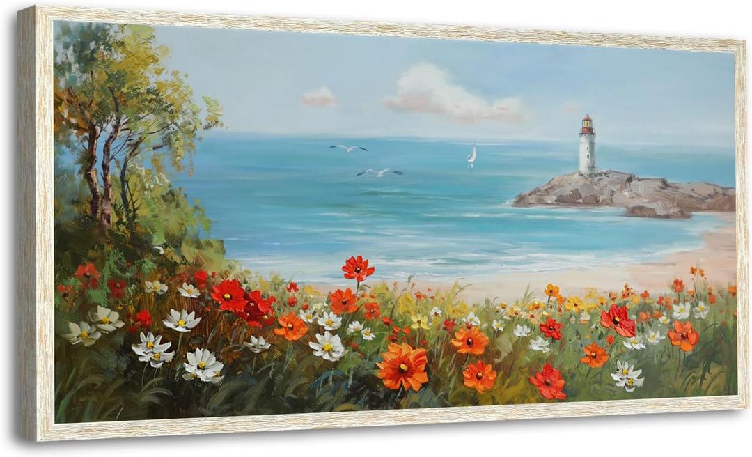 Ardemy Lighthouse Framed Canvas Wall Art for Living Room Blue Ocean Painting Seascape Landscape Coastal Picture Textured Bedroom Artwork Home Office Wall Decor, Large 40"x20"