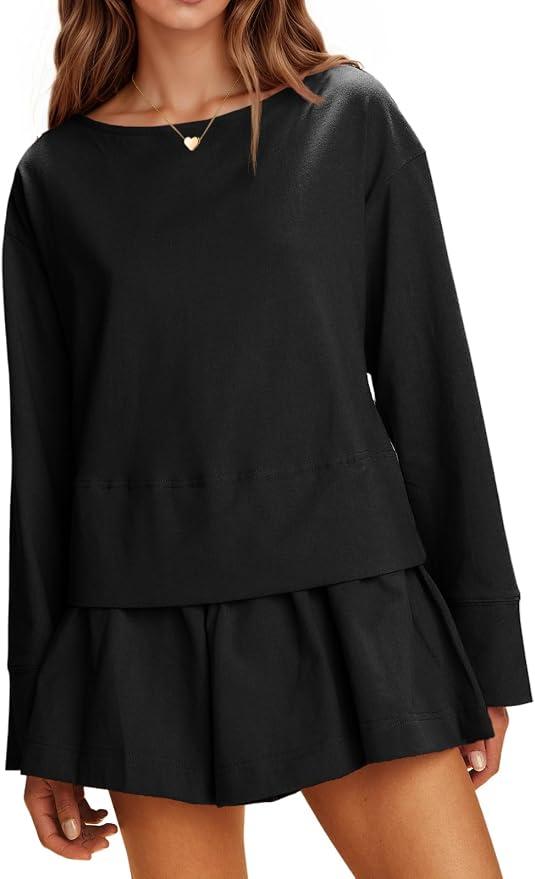 Cicy Bell Womens Long Sleeve Romper Dress Casual Loose Fit Boat Neck One Piece Shorts Jumpsuits Fall Outfits L
