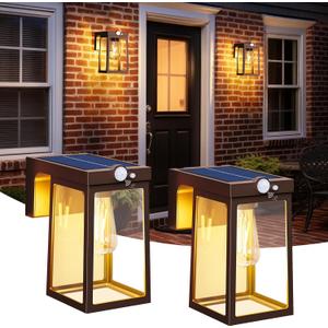 2 Pack Solar Porch Lights Outdoor with Motion Sensor, Dusk to Dawn Exterior Wall Lighting Fixtures Waterproof, LED Patio Lights Wall Sconce Outside Anti-Rust for Garage Frontdoor House, Brown
