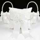 2 Flower Girl Baskets and Ring Bearer Pillows Set, Pearl Handle White Satin Bowknot Flower Baskets, Wedding Ring Pillow,Ivory Wedding Baskets for Flower Girls Wedding Decor