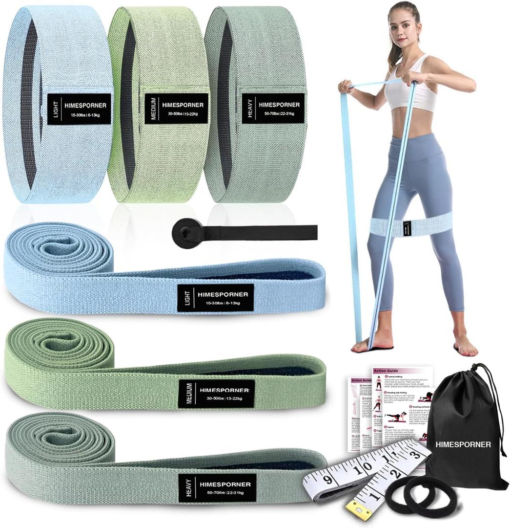 HIMESPORNER 9 PCS Fabric Resistance Bands Set for Working Out, Non-Slip Exercise Booty Bands for Women & Men Leg and Glutes with Hair Ties and Tape Measure - for Home Gym Workout, Yoga, Pilates (Blue and Green)