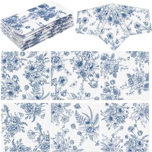 Frienda 12 Pcs Blue Floral Cocktail Coaster 6'' x 6" Something Blue and White Reusable Fabric Coaster Washable Square Dinner Towel for Bridal Shower Bachelorette Party Decoration
