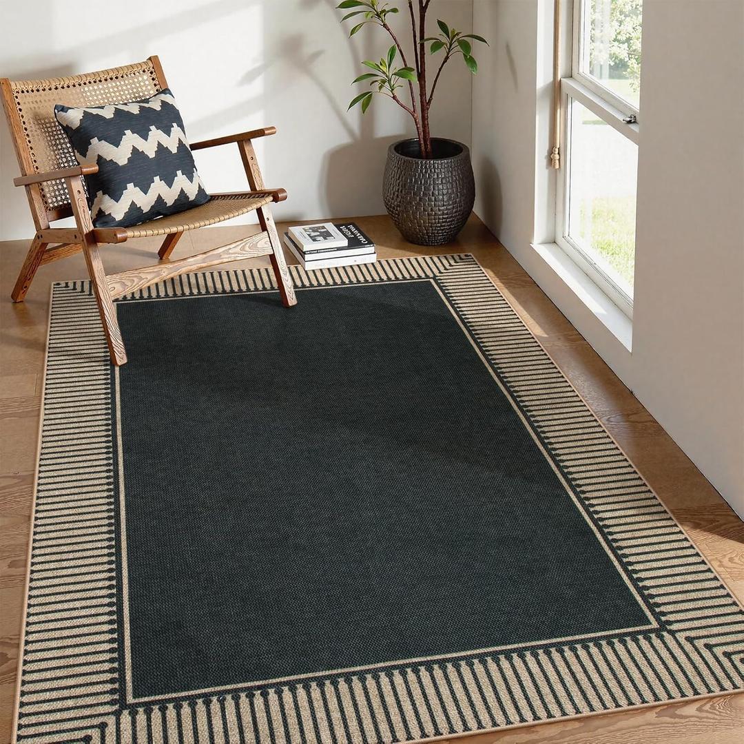 Moynesa Striped Border Easy Jute Outdoor Rug 5x7 Area Rugs for Living Room, Washable Indoor Outdoor Patio Rug Non Slip Low Pile, Black Farmhouse Carpet for Backyard Bedroom Dining Room