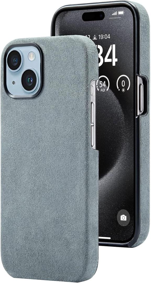 AKANTRA Alcantara Case for Apple iPhone 15, Handmade Half-Wrapped Synthetic Suede Cover, Compatible with Magsafe Wireless Charging (iPhone15, Gray)