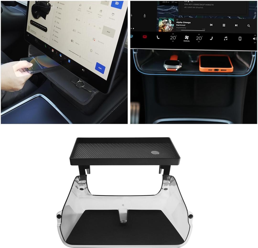 Center Console Organizer Tray for Tesla Model Y Accessories 2024-2020 Model 3 2023-2016, Magnetic Under Screen Storage Box Behind Screen Tray, Dashboard Organizer Tissue Holder, Easy Install (Black)