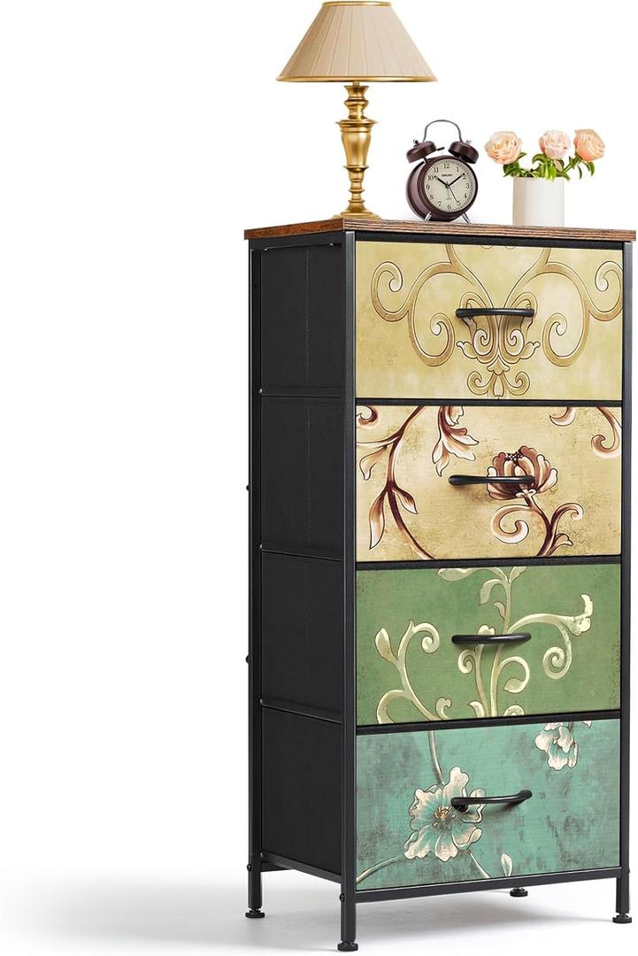 4 Drawers Dresser for Bedroom Fabric Storage Tower with Wooden Top | Steel Frame Tall Chest of Drawers for Closet, Entryway, Dorm, Floral Painted
