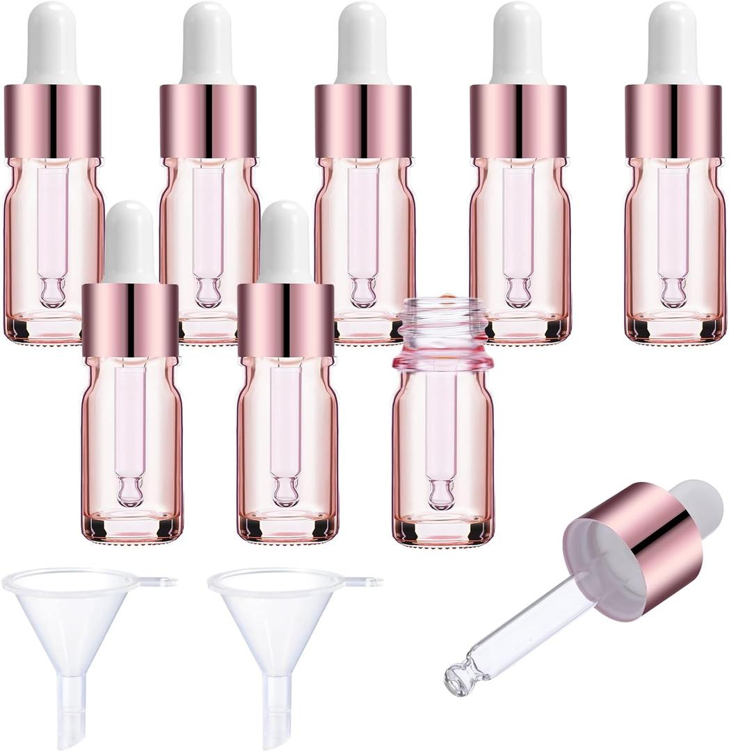 Patelai 8 Pcs 5 ml/ 0.2 oz Frosted Glass Dropper Bottles Essential Oil Bottles with Eye Dropper and Bamboo Lids Perfume Sample Essence Liquid Cosmetic Containers and Funnels (Rose Gold)