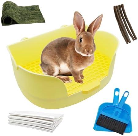 MUYG 15.1"X11.0" Large Rabbit Litter Box,Plastic Square Rabbits Potty Trainer with Bigger Pan Bunny Corner Toilet Box with Small Animal Disposable Liner for Guinea Pigs Hamster Chinchilla (Yellow)