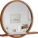 Solid Wood Wall Mirror with Shelf  Round Wood Frame Mirror for Entryway, Bathroom or Living Room  Handcrafted Look  24 Inch
