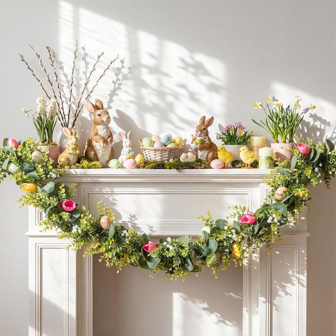 6 ft Thick Easter Garland Decor Artificial Easter Egg Garland for Mantle Fireplace with Tulip Eucalyptus Leaves Spring Vine Decorations for Home Indoor Outdoor Holiday Party