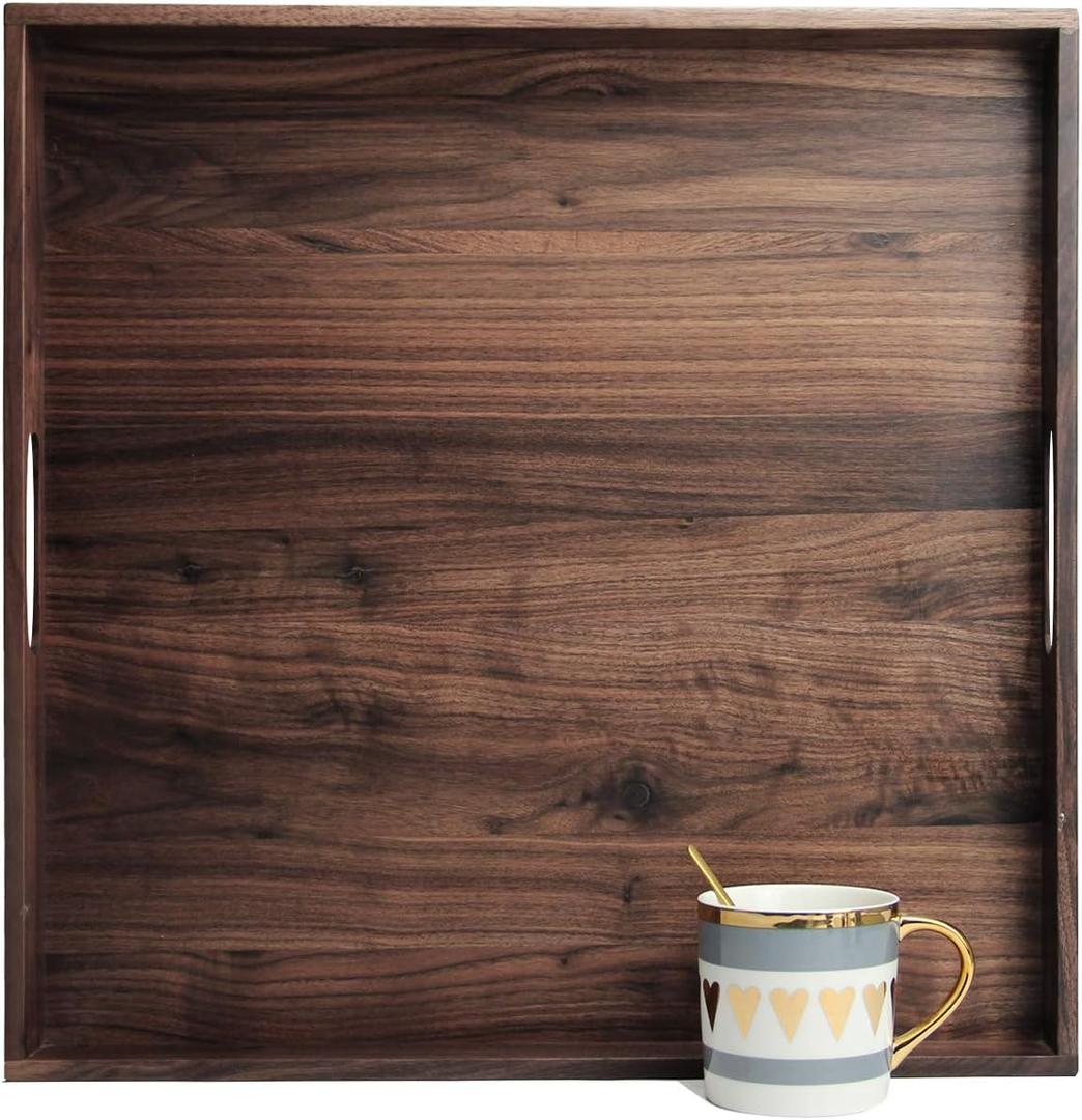 MAGIGO 19 x 19 Inches Large Square Black Walnut Wood Ottoman Tray with Handles, Serve Tea, Coffee Classic Wooden Decorative Serving Tray MAGIGO 19 x 19 Inches Large Square Black Walnut Wood Ottoman Tray with Handles, Serve Tea, Coffee Classic Wooden Decorative Serving Tray