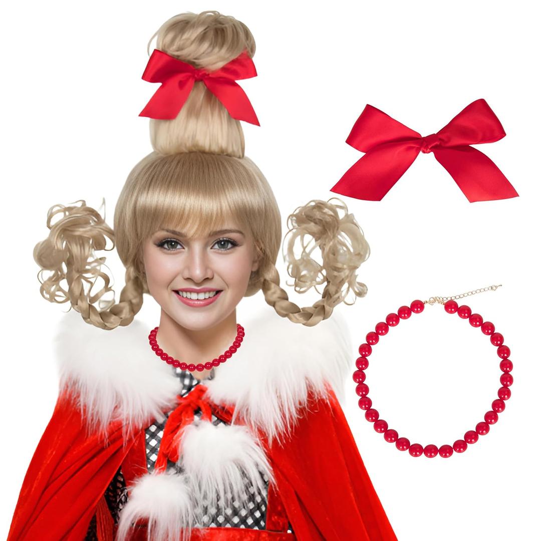 Christmas Blonde Wig with Red Bow and Necklace Girls Women Long Braids Christmas Costume Wig Accessory Blonde with Bun