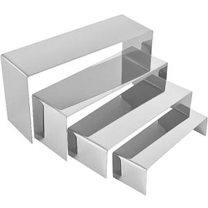 PROFIKLA 4 Pcs Silver Stainless Steel Display Risers, Display Stand for Display Cupcake Dessert Perfume Purse Handbag Shoe Jewelry and Funko Pop