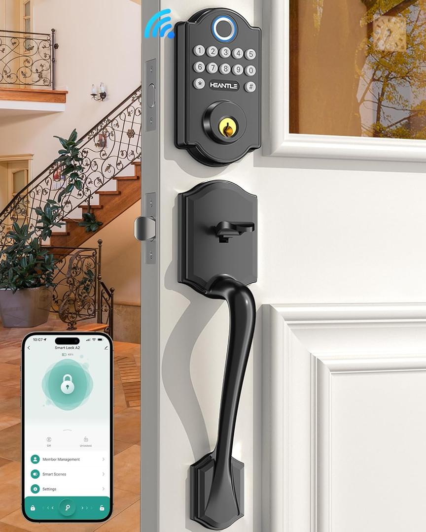 Smart WiFi Door Lock Set: HEANTLE Keyless Entry Front Door Lock Fingerprint Electronic Digital Keypad Deadbolt with Handles Set App Remote Control Alexa Voice Auto-Lock (Black)