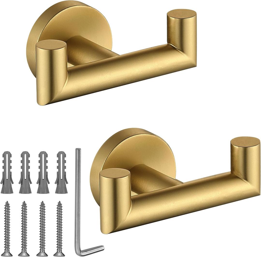 Towel Hooks for Bathrooms, Gold Towel Hook for Kitchen Bathroom, SUS304 Stainless Steel Coat Hook, Heavy Duty Double Towels Holder Hooks for Hanging Towels, Coats,sponges, Clothes, Wall Mount, 2 Pack