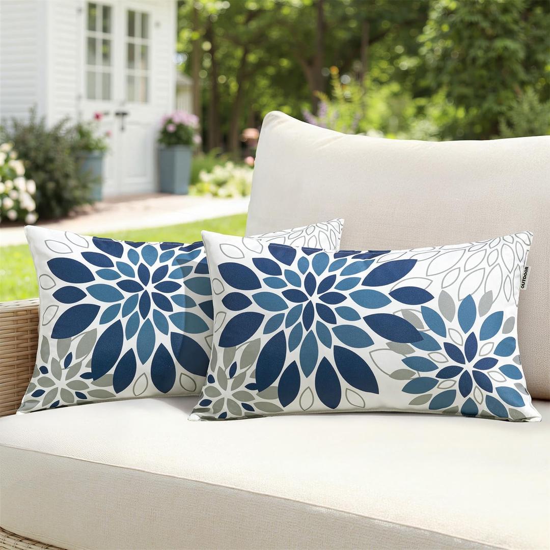 Floral Outdoor Pillow Covers Waterproof Spring Throw Pillow Cases Dark Blue Grey 12x20 Inch Set of 2 Decorative Summer Cushion Covers for Patio Furniture Garden Bench Porch Sofa