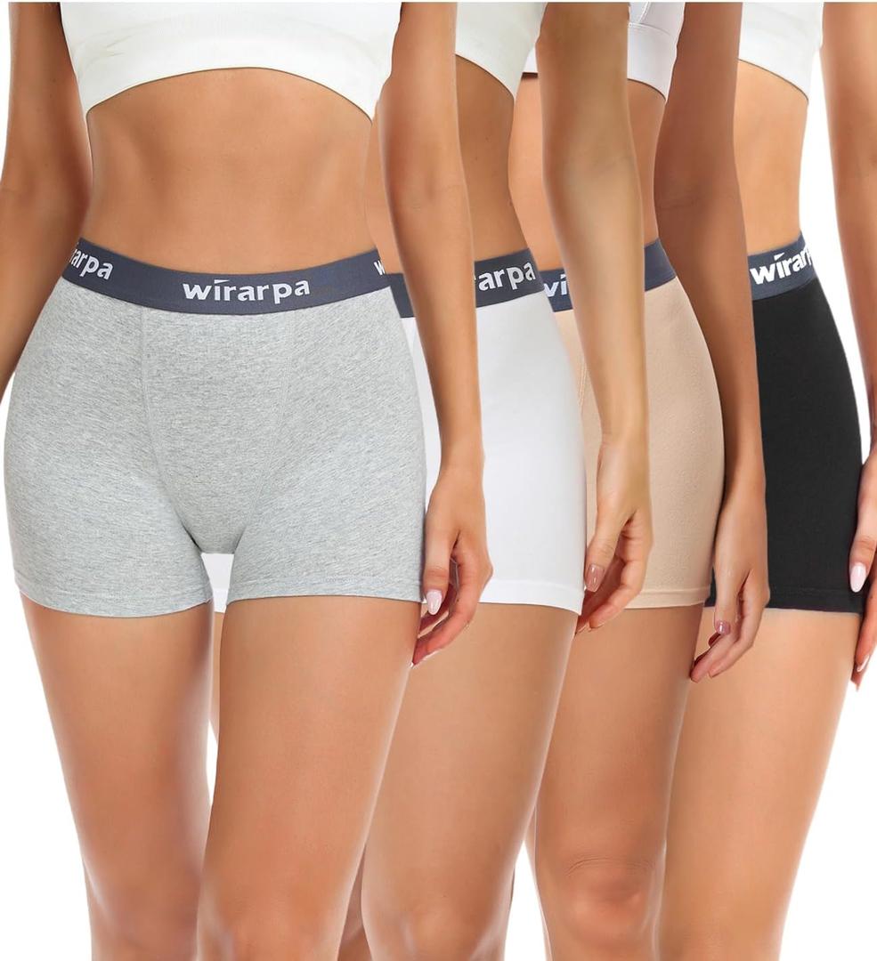 wirarpa Women's Cotton Boxer Briefs Underwear Boy Shorts 3" Inseam 4 Pack (Black/Beige/White/Heather Grey)