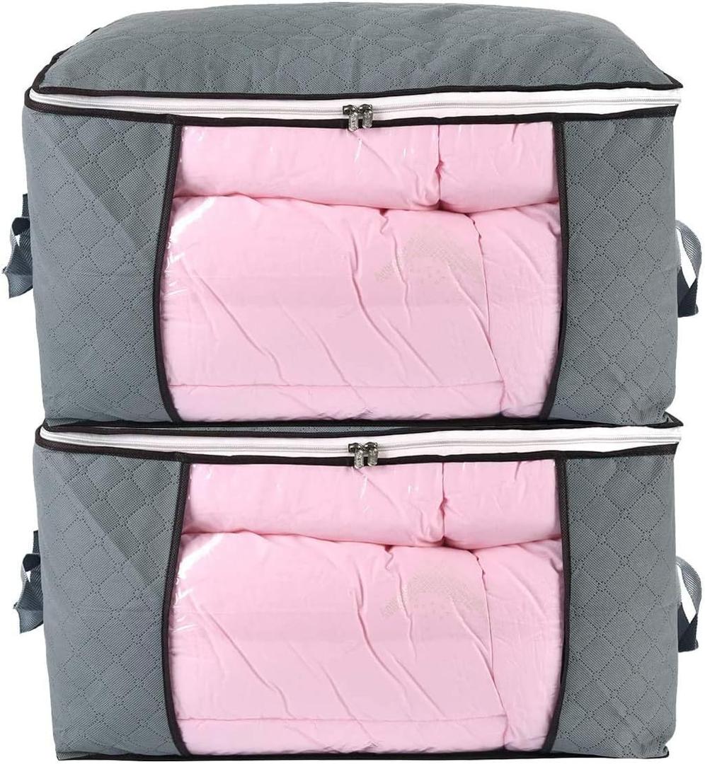 combocube Comforter Storage Bag, Jumbo Zippered Bag with Large Clear Window and Carry Handles, Space Saver Organizers for Closet, Blanket, Pillow, Quilt, Bedding, Clothes (2Pcs, Grey, Large)