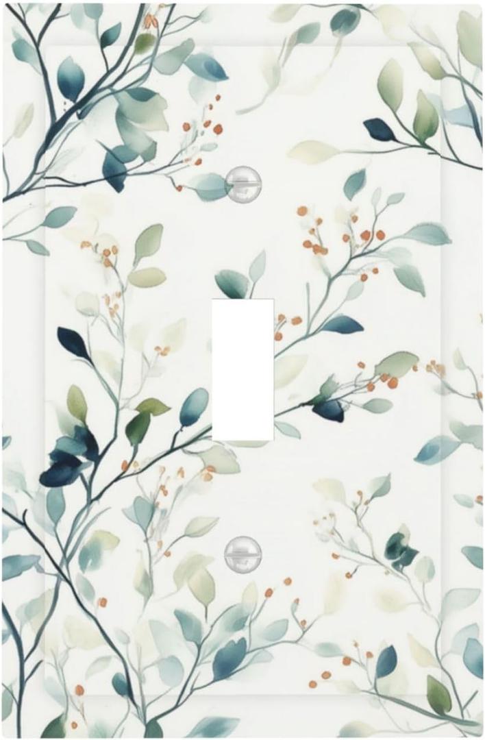 Watercolor Floral Green Leaves 1 Gang Light Switch Cover Single Toggle Wall Plate Green Botanical Flowers Decorative Electrical Switchplate Covers for Bedroom Kitchen Living Room Decor