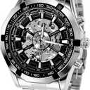 Gute Mens Watches, Mechanical Skeleton Stainless Steel Waterproof Automatic Self-Winding Watch for Men, Luxury X Dial Steampunk Wrist Watch (Silver)