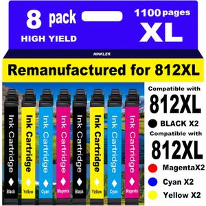 for 812XL Remanufactured for Epson 812XL Ink cartridges Combo Pack for Epson 812 T812 XL for Epson Workforce Pro WF-7840 WF-7820 WF-7310 EC-C7000 Printer 8 Pack 2 Black 2 Cyan 2 Magenta 2 Yellow