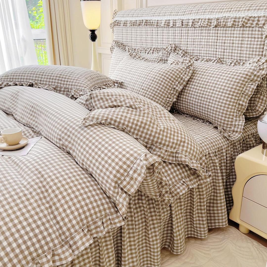 LifeTB Tan Gingham Comforter Set Twin XL Vintage Ruffle Taupe Plaid Checkered Comforter Set 3 Pieces Soft Fluffy Beige Grid Bed Comforter with 2 Pillowcases Farmhouse Gingham Bedding Set