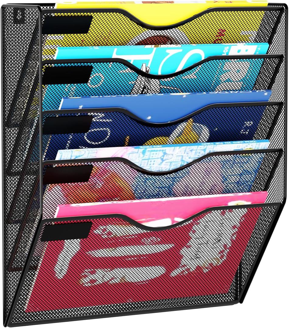 5 Pockets Mesh Hanging Wall File Holder Organizer Wall Mounted Paper Magazine Rack, Black
