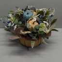 Fall Decor - Faux Pumpkins, Eucalyptus Leaves and Berries in Circular Woven Basket for Table Centerpiece, Shelf, Mantel - Autumn Thanksgiving Arrangement for Home Indoor Outdoor - 10" Diameter