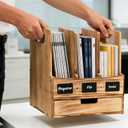 Wood File Organizer for Desk, 3-Section Vertical Folder Holder with Drawer, Upright Binder Rack Stand with Chalkboard Label, Tabletop Magazine Document Sorter for Office Home