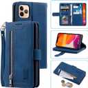 EYZUTAK Wallet Case for iPhone 14 Pro Max, Retro Matte 9 Card Holder Slots Zipper Pocket Case PU Leather Magnetic Closure Kickstand with Wrist Strap Shockproof Folio Flip Case - Blue