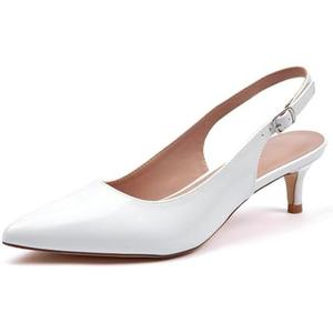 GENSHUO Low Kitten Heels Women's Slingback Dressy Pumps Pointed Closed Toe Ankle Strap Elegant Wedding Pumps Formal Comfortable Shoes, Size 8, White