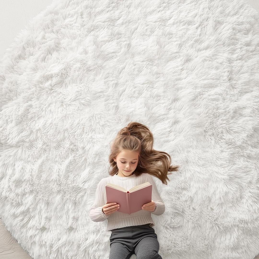 OLANLY Ivory Round Rugs for Bedroom - Machine Washable, 9 ft Circle Area Rugs for Living Room, Soft and Fluffy Shaggy Carpet for Teen Girls and Boys, Nursery Rooms, Dorms, Home Decor Aesthetic
