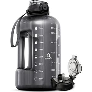 AQUAFIT 1 Gallon Water Bottle with Time Marker - 2in1 Straw & Chug Lid - BPA Free Big Water Bottle with Straw - Gym Water Bottle with Handle - Gallon Water Jug (128 oz - 2in1 Lid, Gray) (128 Ounces)