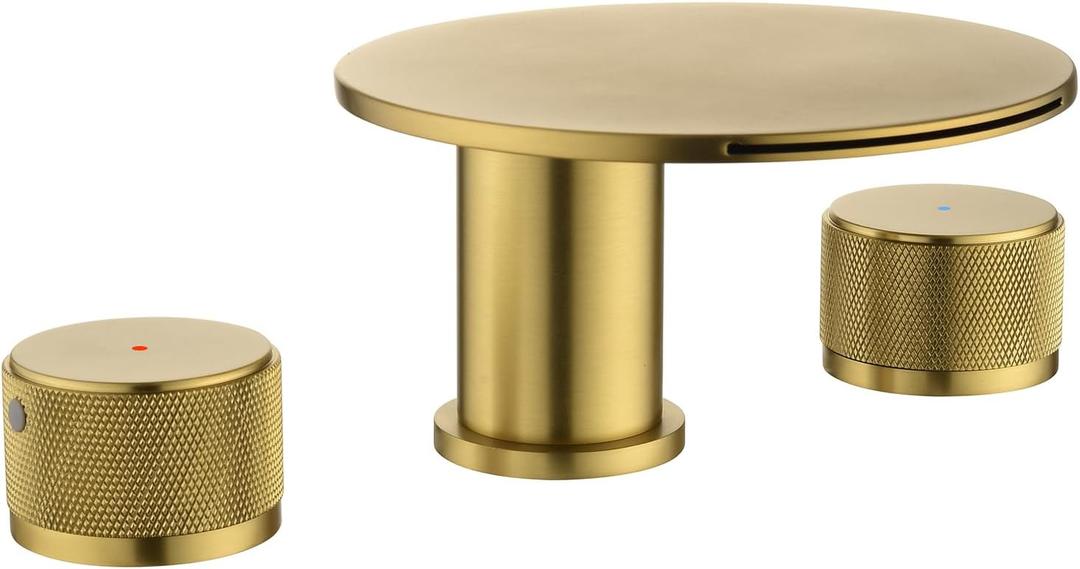 TapLong Brushed Gold Waterfall Bathroom Faucet 3 Hole, Bathroom Sink Faucet 8 Inch Widespread,2 Round Handle for Restroom Sink with CUPC Supply Hose,02799BG