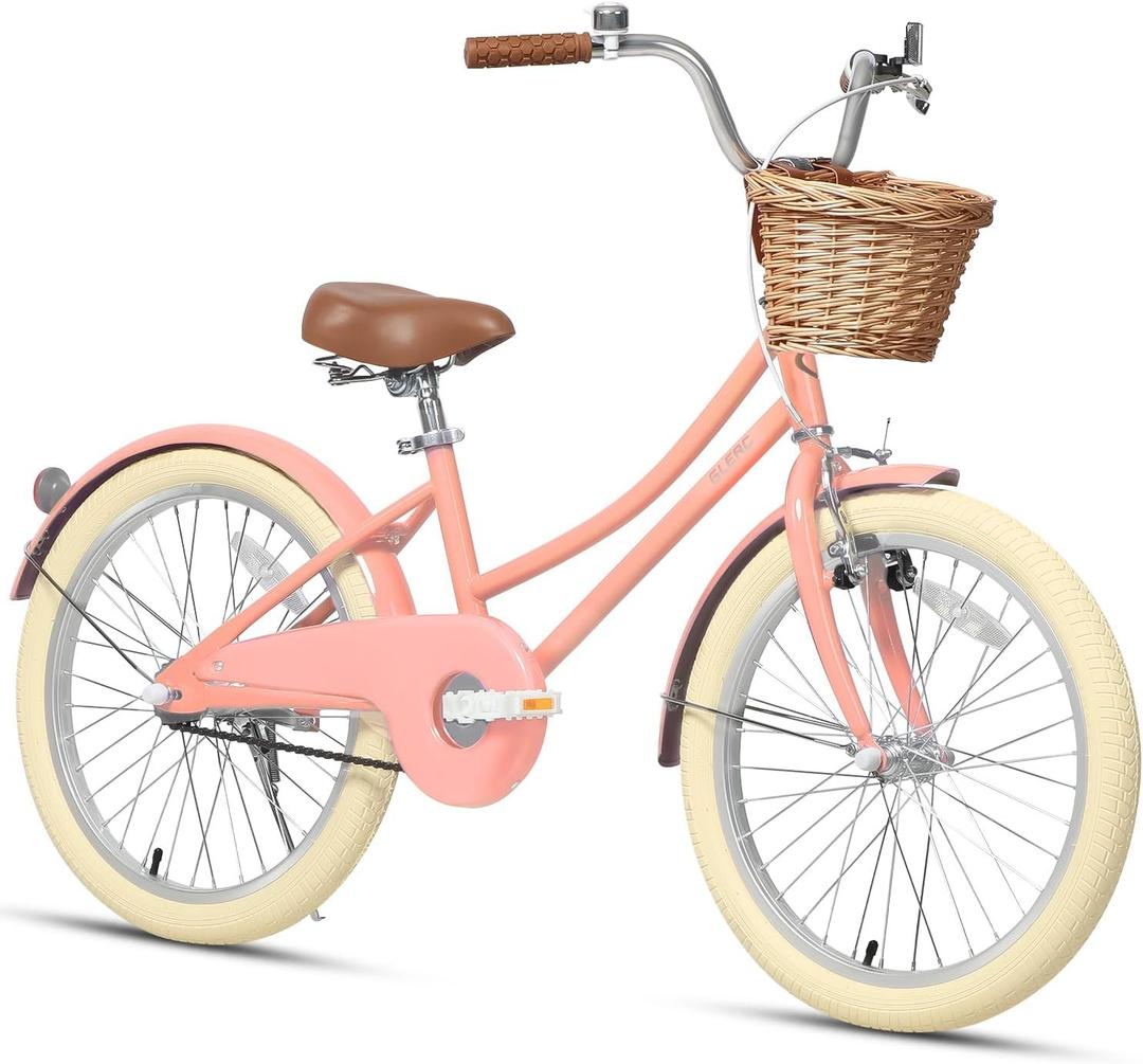 Glerc Little Molly 20 Inch Kids Bike, Retro Cruiser Girls Bike for Children Ages 7-13 Years Old, ‎Kids Bicycle with Wicker Basket & Kickstand, Peach