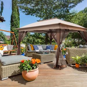 11'x11' Pop Up Gazebo for Patios Gazebo Canopy Tent with Sidewalls Outdoor Gazebo with Mosquito Netting Pop Up Canopy Shelter Wedding Tent, Beige