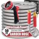 Stainless Steel Garden Hose 50ft, Heavy Duty Water Hose with 10 Functional Nozzles, No Kink, Lightweight and Flexible, Strong and Durable, Suitable for Outdoor,Yard and Lawn
