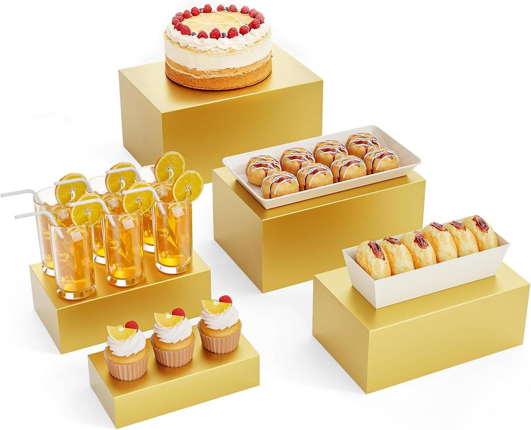 5 Pcs Metal Display Stands for Buffet Table Cake Risers, Cupcake Rectangle Stand for Wedding, Party, Catering Supplies, Elegant Food Risers for Display with 5Pcs Hollow Bottoms Sturdy Modern (Gold, 2 IN to 12 IN)