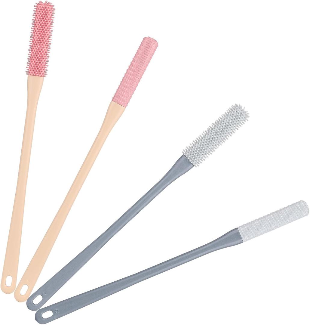 4-Pack Silicone Foot Scrubber & Toe Cleaning Brush with 15.3" Long Handle - No-Bend Shower Design for Seniors & Men & Women (Pink & Grey)
