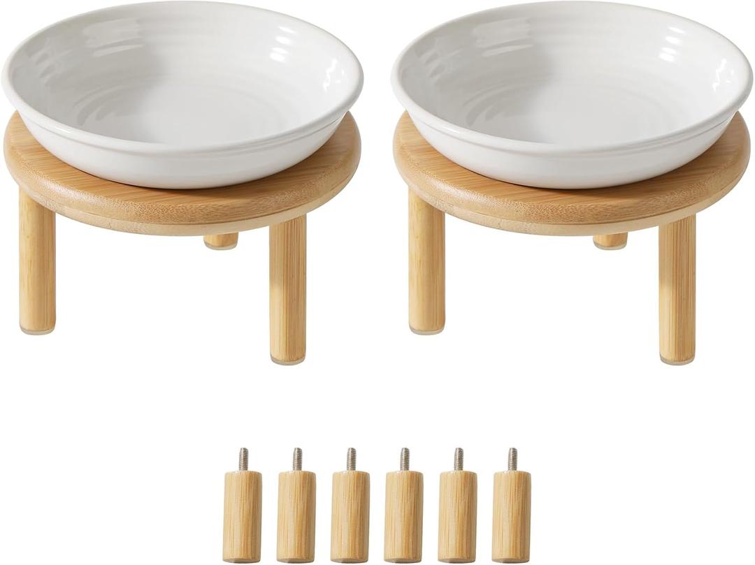 Havniva Elevated Cat Bowls Raised Ceramic Cat Dish Two Sets of Wide Cat Food Bowl Whisker Friendly Anti-Slip with Adjustable Stand, Shallow Pet Food & Water Dish