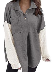 SHEWIN Womens Sweatshirt Casual Long Sleeve Button V Neck Henley Shirts Loose Pullover Sweater Tops Fall Outfits for Women 2025, US 4-6(S), Dark Grey