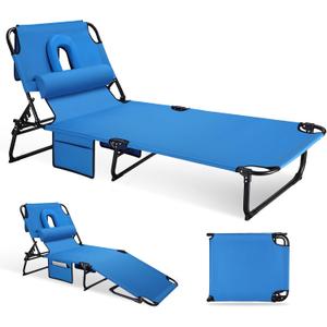 3-in-1 Sun Tanning Chair with Face Holes, Folding Chaise Lounge Chairs, 5-Position Adjustable Lounge Chair Outdoor with 2 Side Pocket & Pillow, for Pool Beach, Patio, Camping, Blue