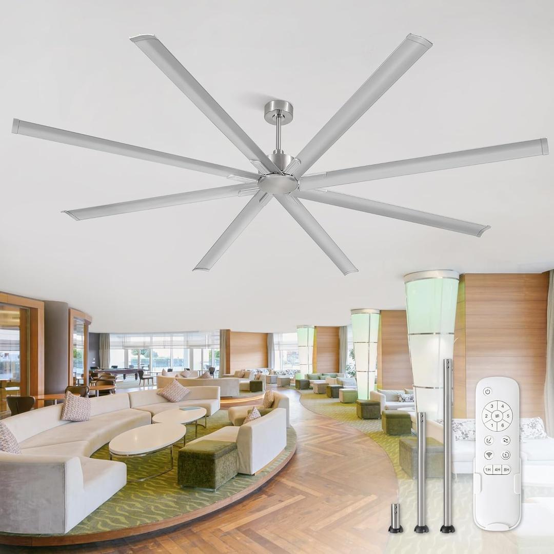ZMISHIBO 108 Inch Large Ceiling Fans with Remote, High Volume(HVLS) Industrial Ceiling Fan with Reversible DC Motor, 8 Blades, 3 Downrods, Commercial Outdoor Ceiling Fans for Porch/Garage/Shop,Nickel