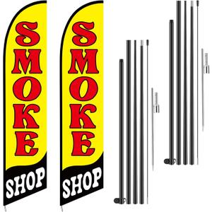 2 Set Smoke Shop Feather Flag Pole Kit Smoke Shop Sign Banner Advertising Feather Banner for Outside Outdoor Business Decoration(15 ft)