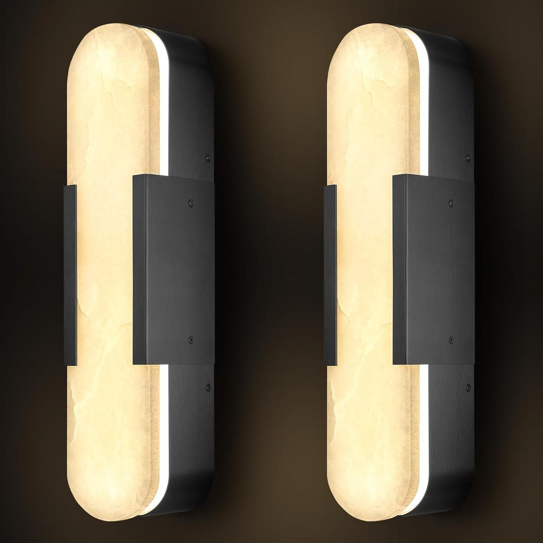 Alabaster Wall Sconces Set of 2,19.7'' Brass Wall Sconce Natural Marble Wall Sconce for Bathroom, Indoor Modern Wall Light Fixtures for Living Room Hallway Stairs Vanity Bedside, Black