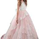 Flower Girl Dress Kids Lace Beaded Pageant Ball Gowns, Size 6-7 Y
