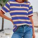BTFBM Womens Summer Tops 2025 Crewneck Short Sleeve Striped T Shirts Casual Loose Lightweight Color Block Basic Tee (L)