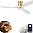 52" Wood Ceiling Fans with Lights Remote,Smart Control via WIFI Alexa APP,Outdoor Indoor Flush Mount Ceiling Fan for Low Profile Modern Living Room,Patio,White and Gold,Dimmable LED,Quiet DC Motor