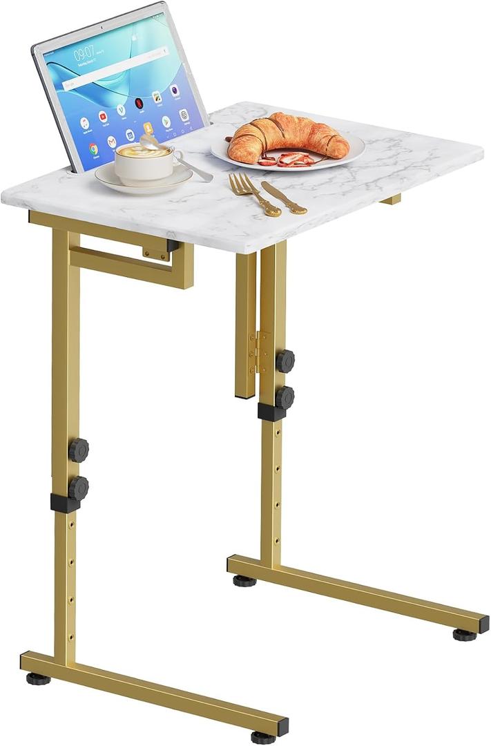Folding TV Tray Dinner Snack Table,6 Height Adjustable Slide Under Couch Side Table, Portable Small Foldable C-Shaped End Table for Eating with Sturdy MDF Top,No Assembly(White Marble+Gold)